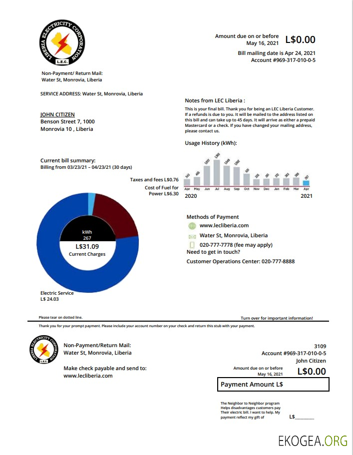 Liberia Electricity Corporation utility bill template in Word and PDF format